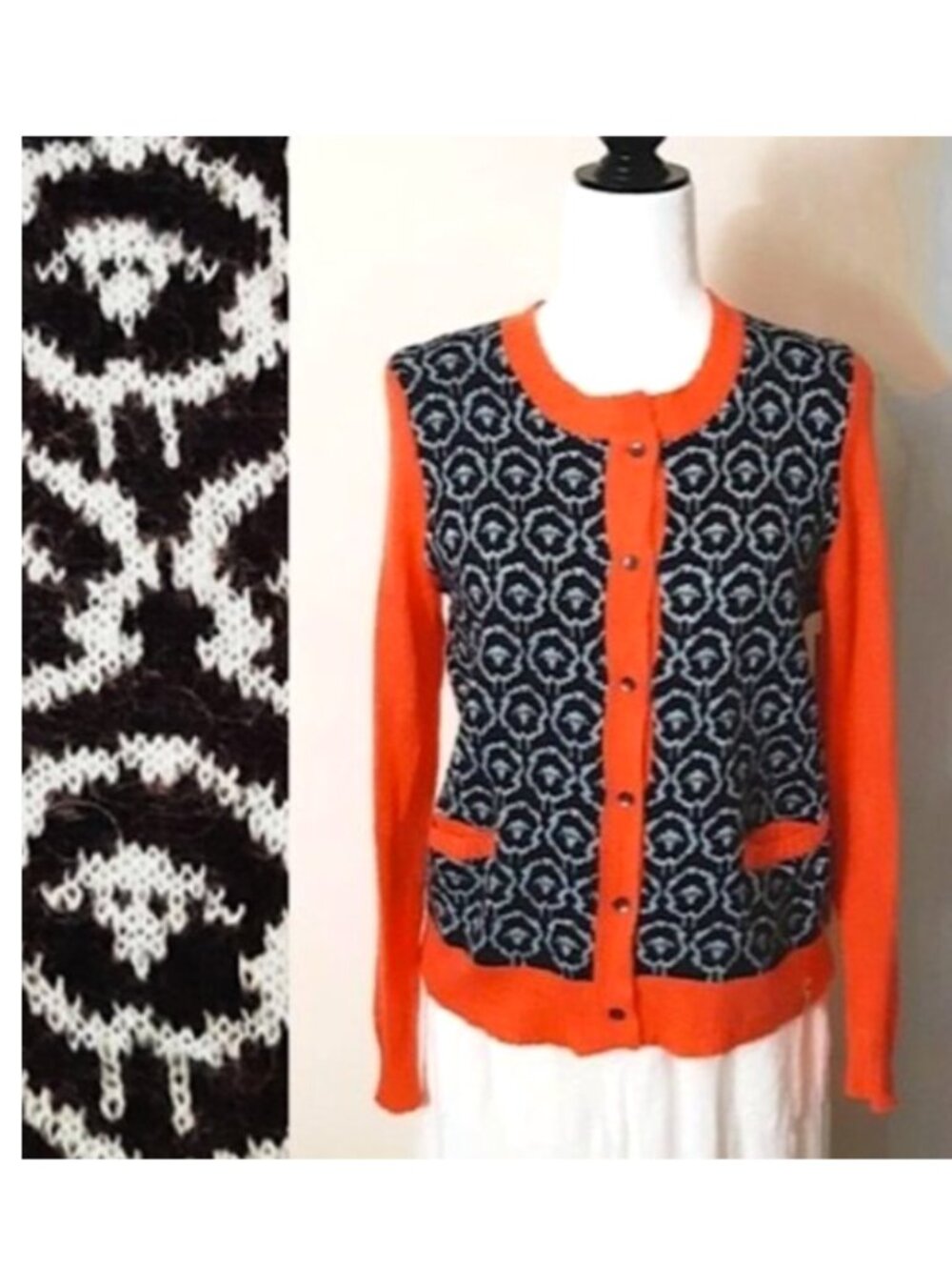 WOOLRICH Wool Mohair Sheep Motif Cardigan Orange Black